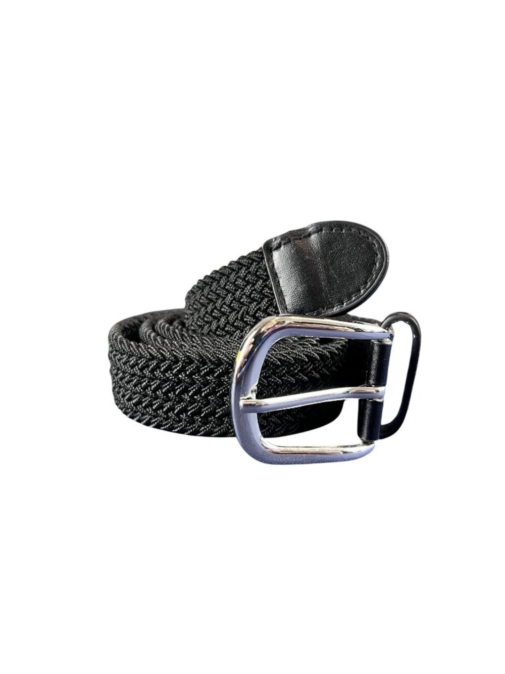 Mens L Black Woven Stretch Belt Silver Buckle Braided Leather Trim Casual 41in